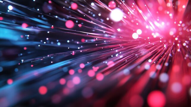 High-speed fiber optic cables with vibrant abstract light trails in a dynamic technology background