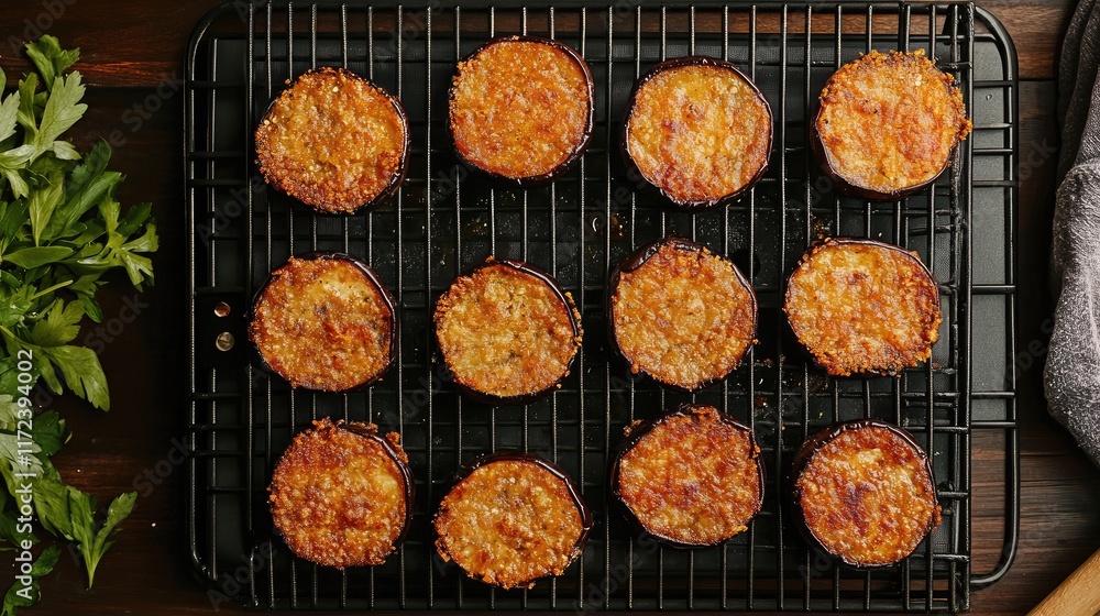 Poster crispy fried eggplant slices arranged on a cooling rack with herbs for an appetizing overhead culina