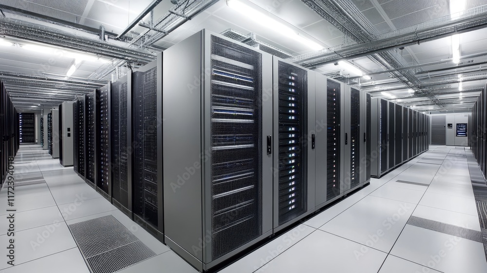 Poster data center with server racks in a modern network infrastructure environment