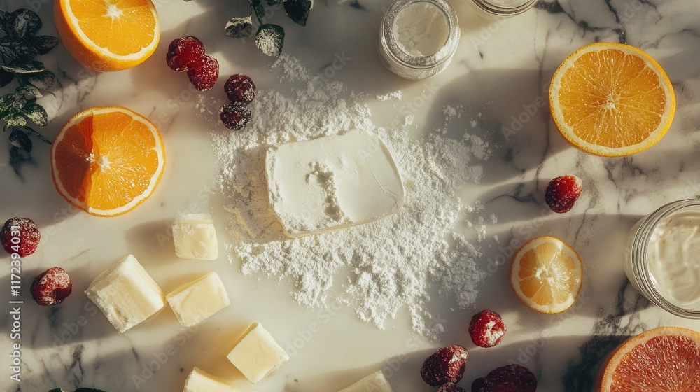 Aufkleber overhead view of fresh ingredients and dairy on a marble table for culinary inspiration and recipe c