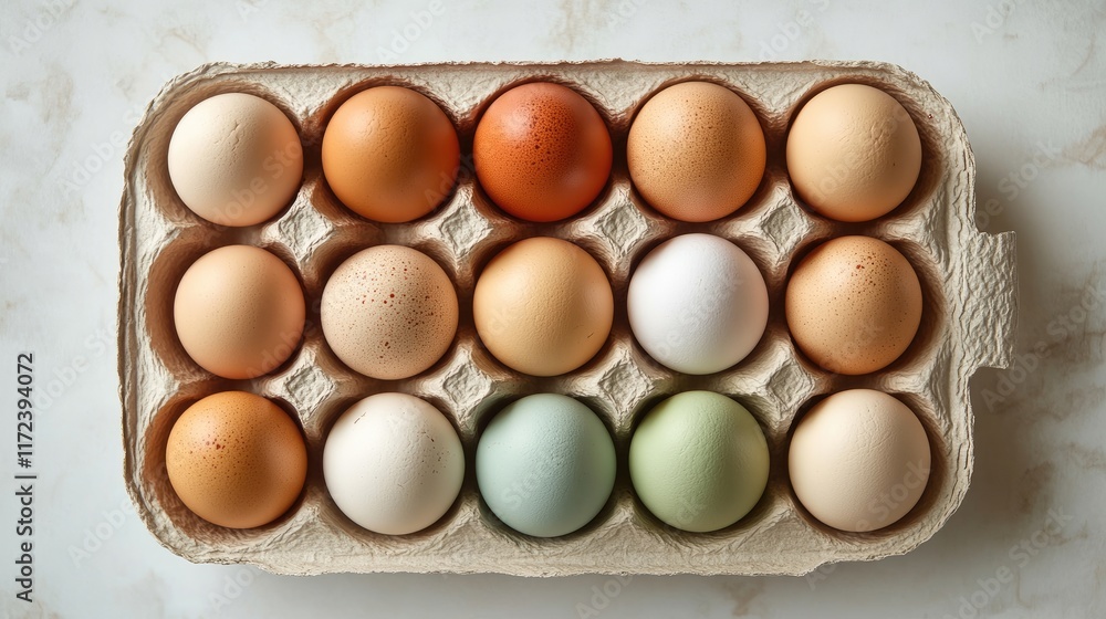 Poster overhead view of assorted colorful eggs in an eco-friendly paper carton on a marble countertop