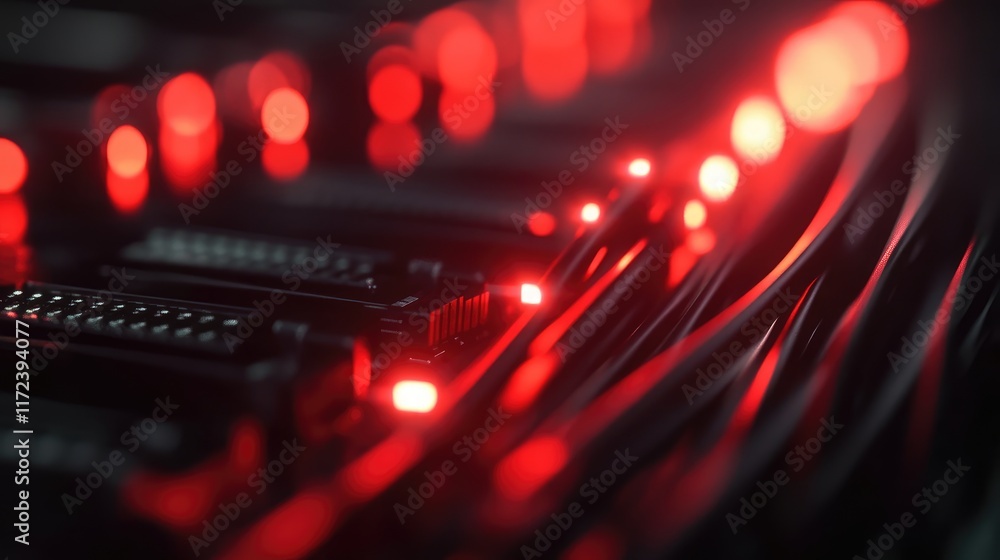 Poster close-up of network cables connecting to a core switch with illuminated red indicators in a data cen