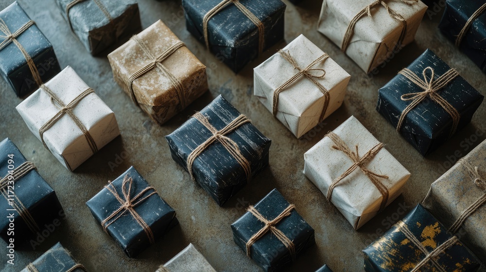 Aufkleber overhead view of assorted wrapped gift boxes arranged neatly on a rustic surface ready for celebrati