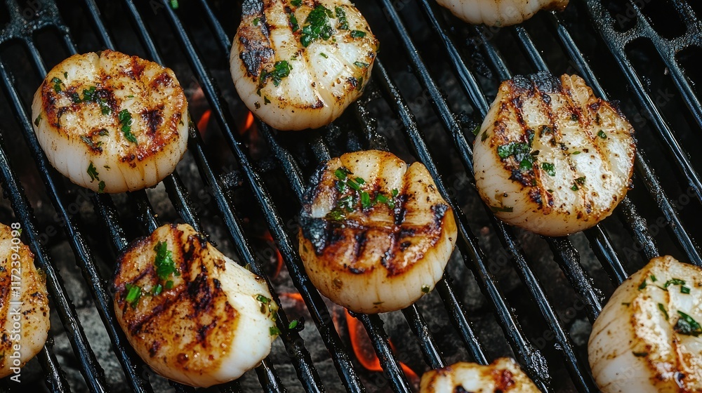 Aufkleber grilled scallops in overhead view showcasing a delicious seafood dish on the grill with herbs and ch