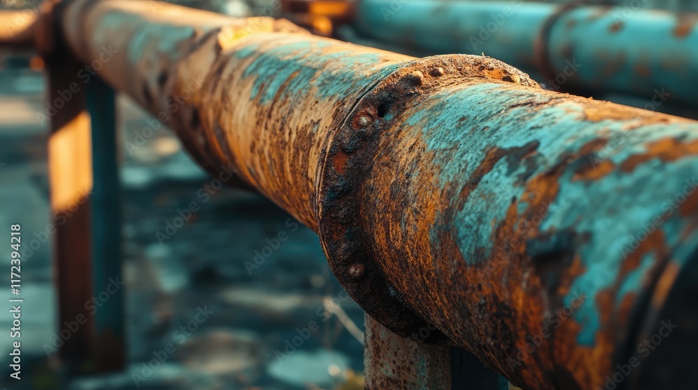 Poster Closeup of oxidized rust on an old steel pipe showcasing texture and color variations in industrial setting