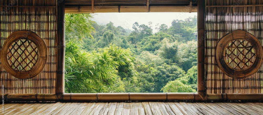 Poster bamboo curtain with intricate patterns framing a serene lush nature view creating a harmonious indoo