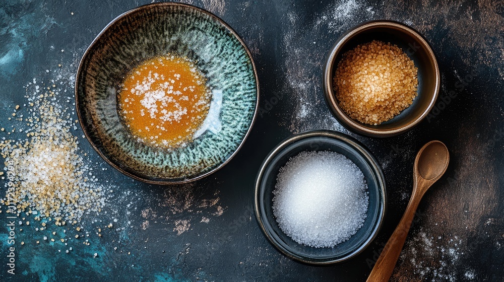 Poster Overhead view of various sugar types in decorative bowls with a wooden spoon on a dark rustic background