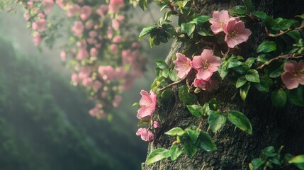 Delicate pink blossoms and lush green leaves adorning a textured tree trunk in a serene natural setting.