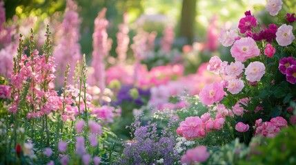 Obraz premium Lush pink floral garden with vibrant blossoms creating a serene and colorful nature background in soft sunlight.