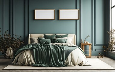 Luxurious bedroom interior design, green and beige palette, elegant wall paneling, natural light.