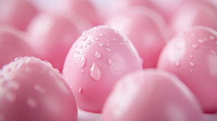 pink Easter eggs with water droplets creating a fresh and festive atmosphere for spring celebrations and holiday decorations