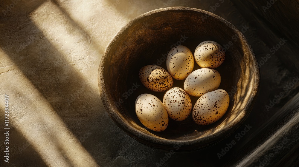 Poster Overhead view of speckled eggs in a rustic bowl with delicate light and shadow play on the surface creating an artistic ambiance