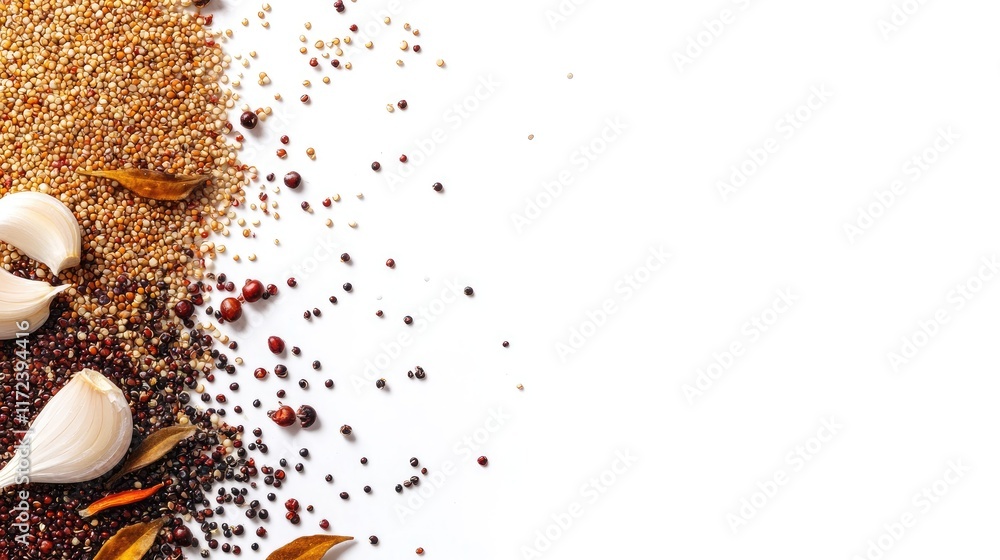 Poster overhead composition of assorted quinoa grains and garlic on a white background highlighting healthy