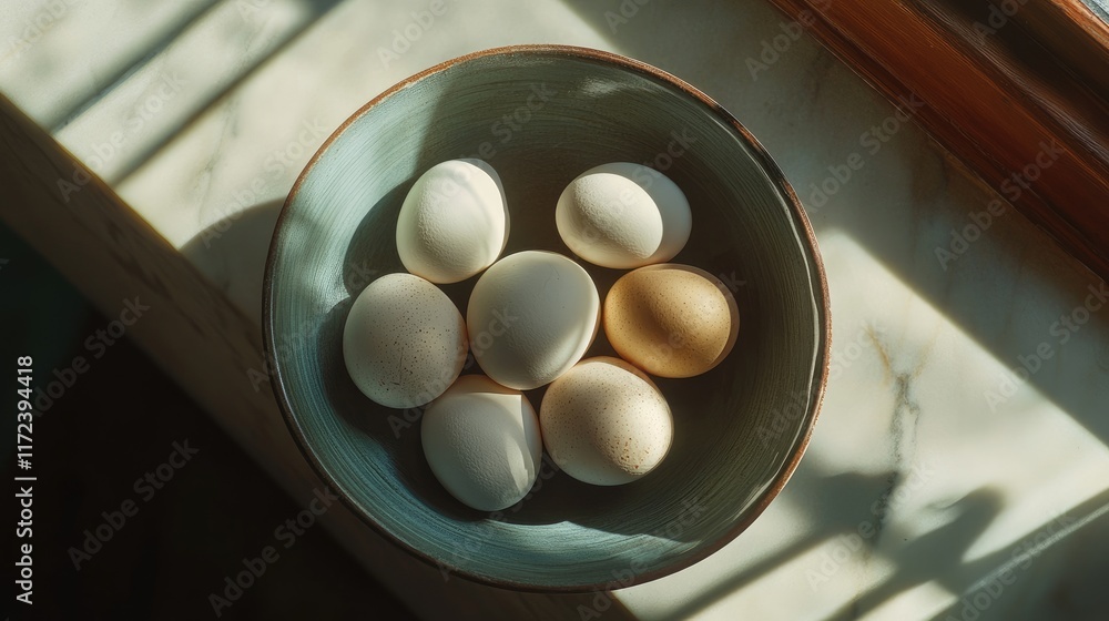 Poster Overhead view of assorted eggs in a bowl showcasing natural light and shadows on the eggshells against a textured surface.