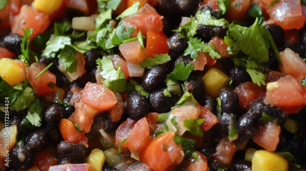 Aufkleber colorful overhead view of a fresh black bean and tomato salsa mixture with cilantro and corn, ideal 