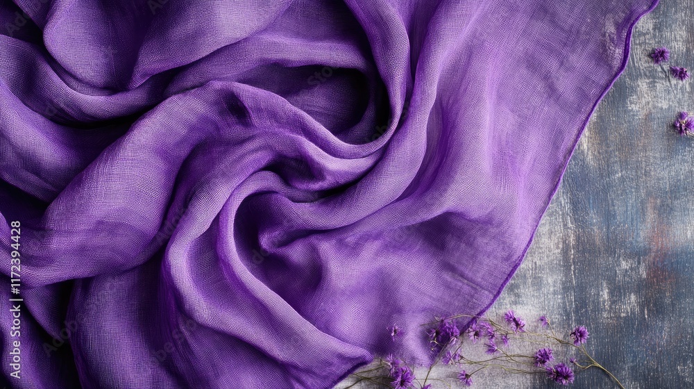 Aufkleber elegant purple fabric flatlay with soft texture and delicate flowers on a rustic wooden table backgr