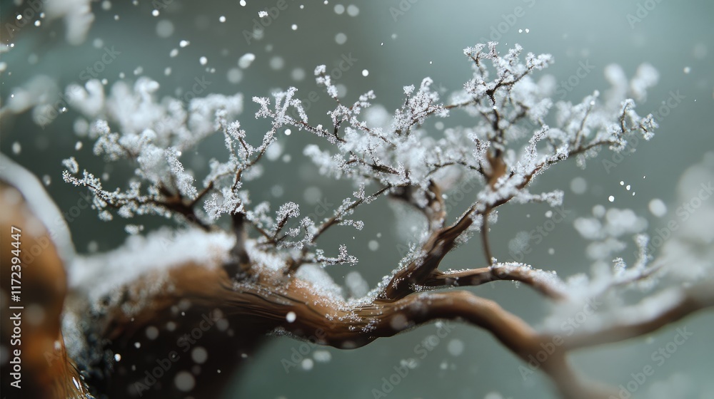 Aufkleber snow-covered tree branches in a tranquil forest setting with delicate frost particles highlighting t