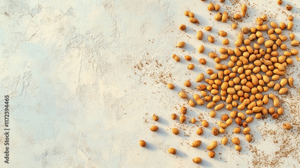 Aufkleber Overhead view of scattered organic peanuts on a textured light background with shadows creating depth and visual interest