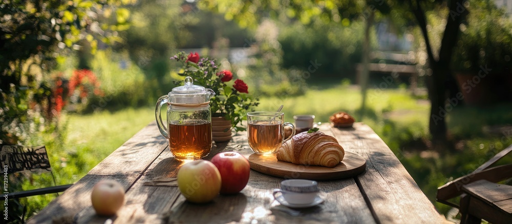 Aufkleber cozy eco-friendly tea setup on a rustic wooden table with apples and croissant in a serene backyard 
