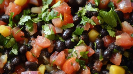 Colorful overhead view of a fresh black bean and tomato salsa mixture with cilantro and corn, ideal for healthy meal ideas.