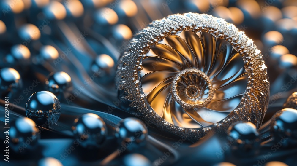 Poster nautilus shell section surrounded by metallic spheres on a smooth textured backdrop showcasing elega