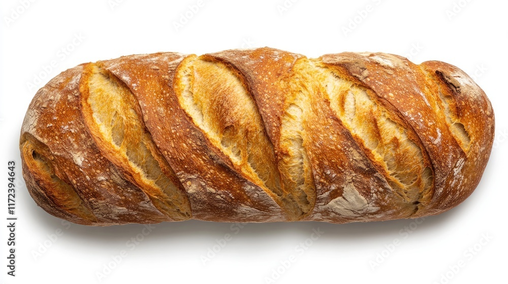 Poster overhead view of a rustic whole grain sourdough bread loaf showcasing its artisan texture and golden