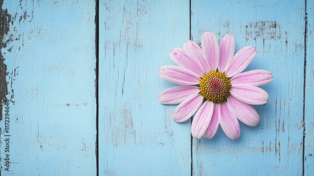 Poster pink daisy flower resting on a rustic light blue wooden background with a textured appearance for a 