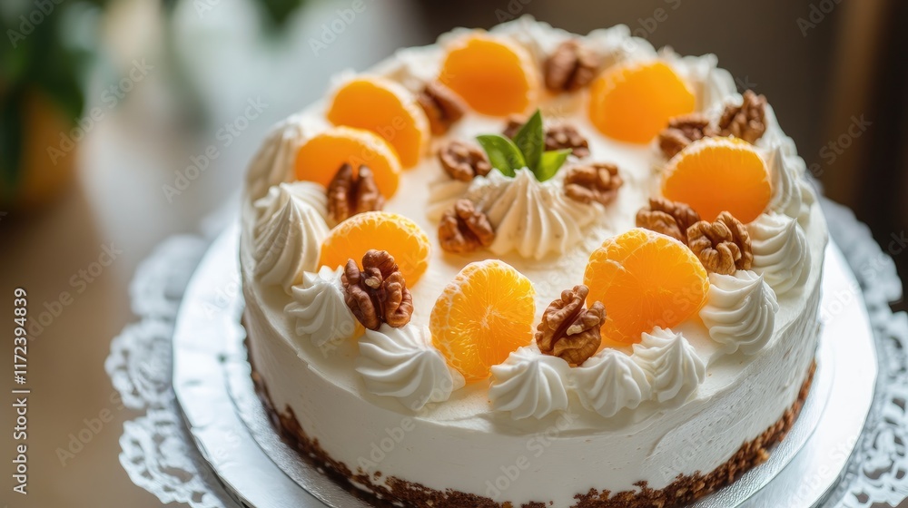 Poster overhead view of a decorated cake featuring oranges and walnuts with cream and mint garnish on a woo