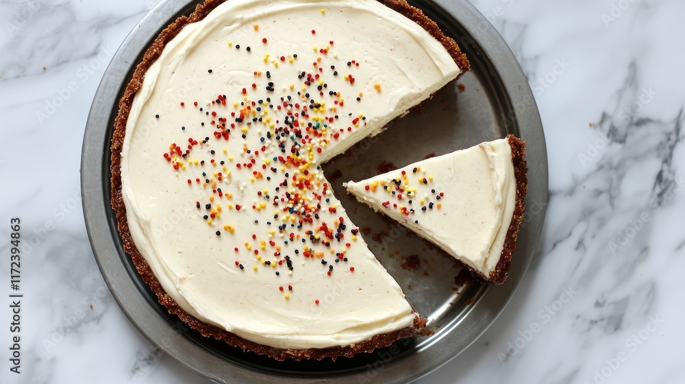 Poster overhead view of a delicious no bake cheesecake adorned with colorful sprinkles and sliced for servi