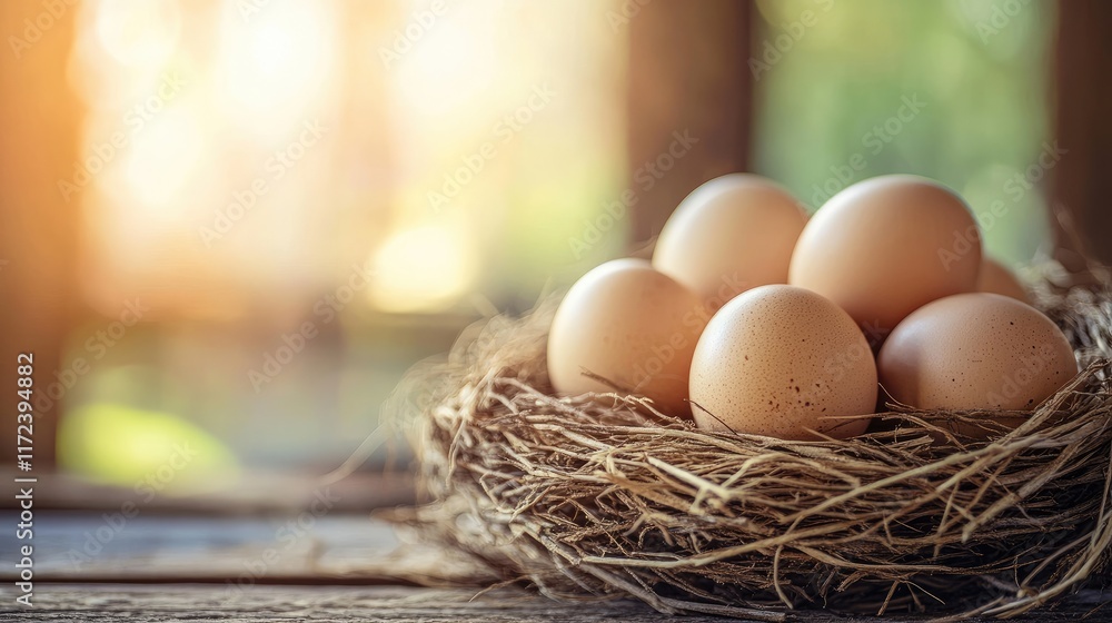 Poster nest with brown eggs in natural straw setting illuminated by soft sunlight creating a warm and seren