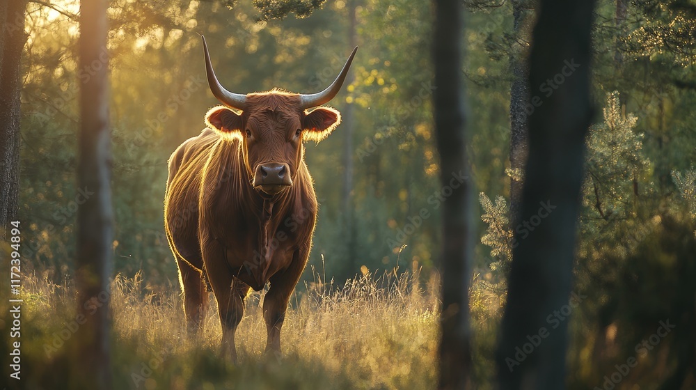 Poster strong ayrshire bull in serene natural setting with soft light and muted colors embodying tranquilit