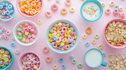 Bright overhead shot of colorful breakfast cereals and milk arranged on a pastel pink table showcasing a vibrant morning feast.