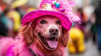 Joyful pink dog adorned with vibrant hat celebrating Easter in a festive parade atmosphere