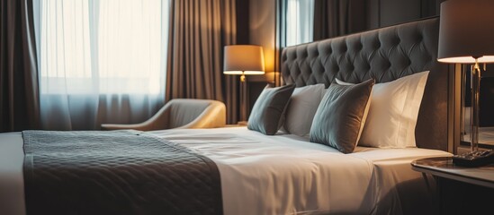 Luxurious hotel suite interior with modern decor plush furnishings and soft lighting ideal for travel promotions and hospitality marketing