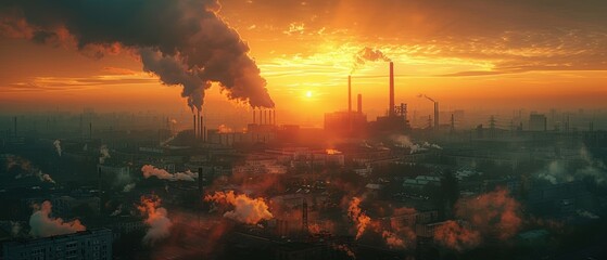 Obraz premium Industrial Sunset Pollution Smog Cityscape Factory Sunrise
