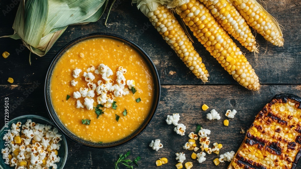Aufkleber overhead view of delicious popcorn grilled corn and creamy corn soup served with fresh corn on rusti