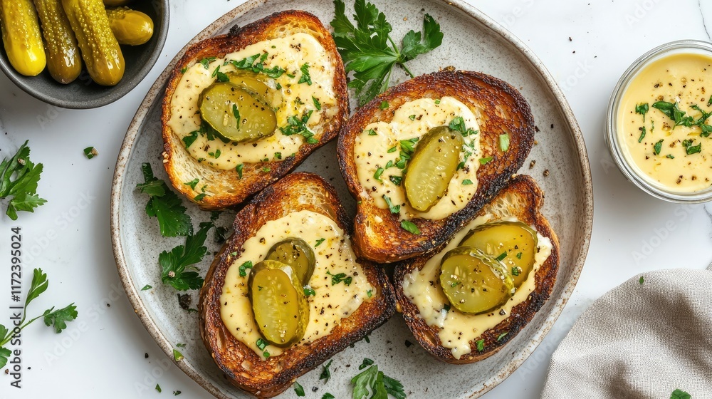 Aufkleber overhead view of crispy grilled cheese open sandwiches with pickles and mustard on a rustic plate ga