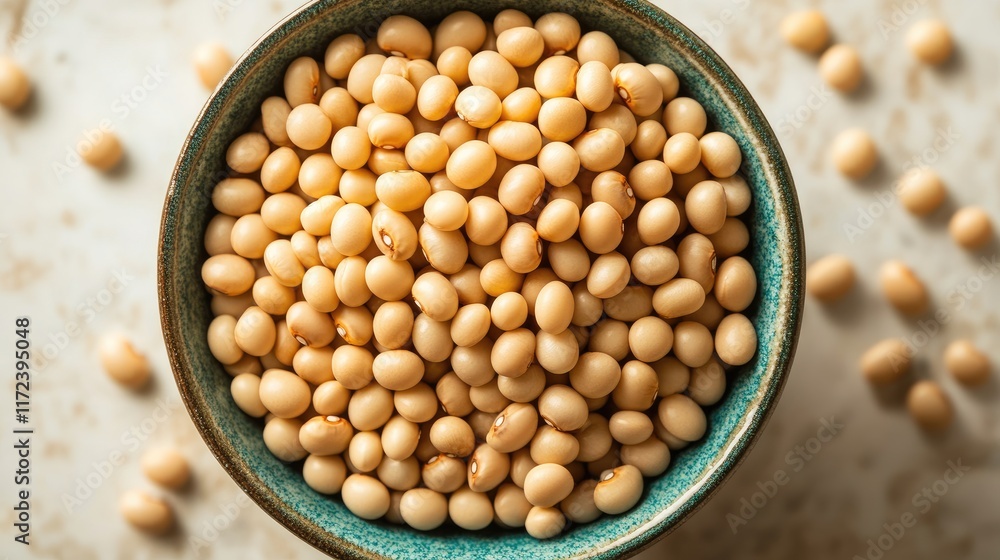 Poster Overhead view of raw yellow beans in a decorative bowl on a textured surface with scattered beans in the background