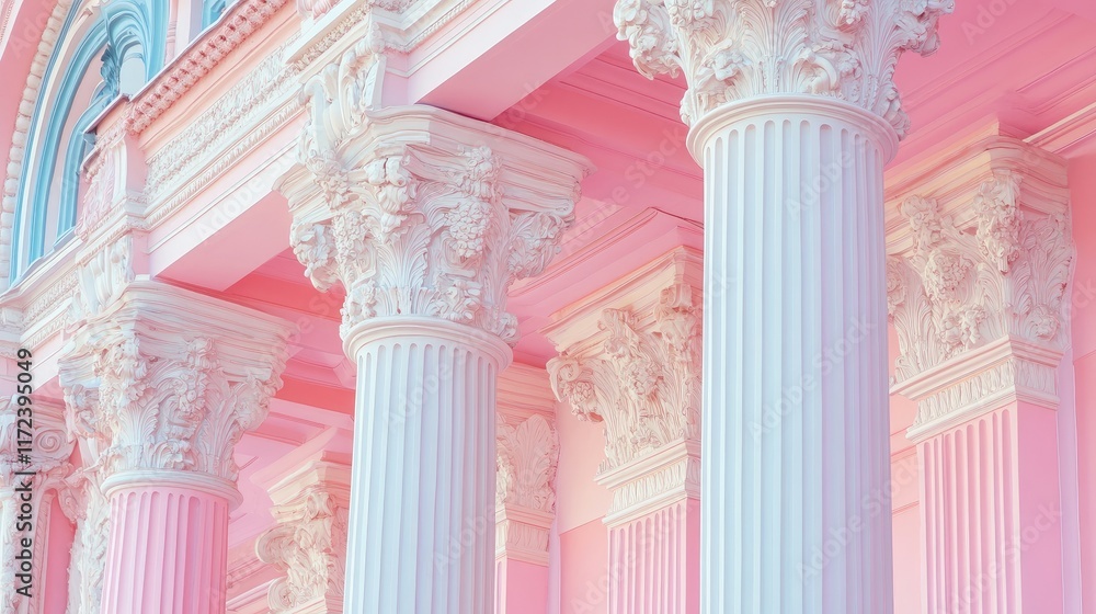Poster neoclassical architecture with pastel colored columns and intricate details showcasing elegance and 