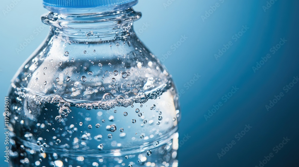 Poster Oxygen bubbles rising in a clear water bottle creating a refreshing and vibrant visual effect on a soft blue background