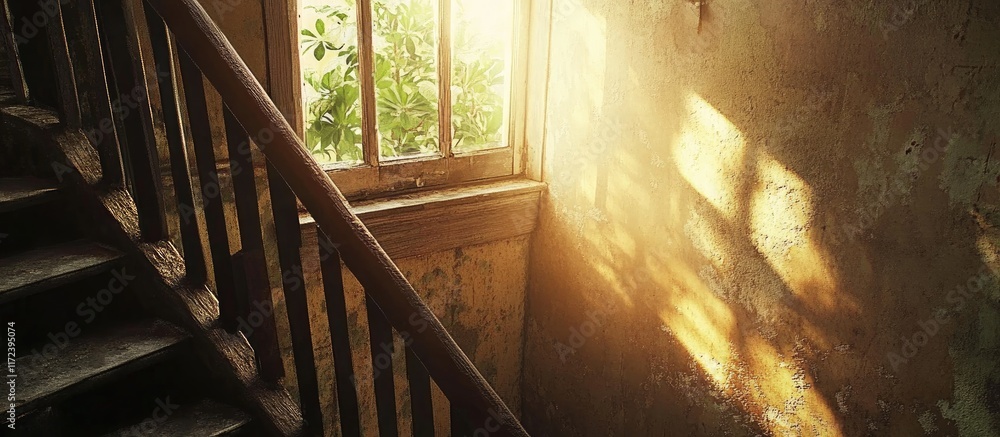 Aufkleber cozy rustic atmosphere with natural light illuminating a staircase and fire escape through a window 