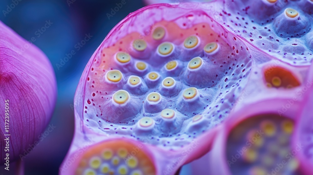 Poster intricate macro of lotus seed pod showing vibrant colors and unique patterns in nature's design