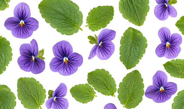 Purple pansies and green leaves pattern.