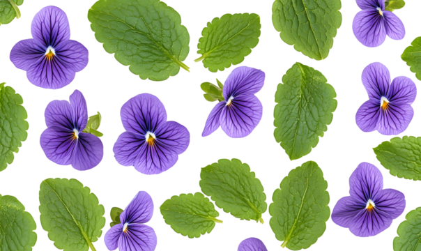 Purple pansies and green leaves pattern.