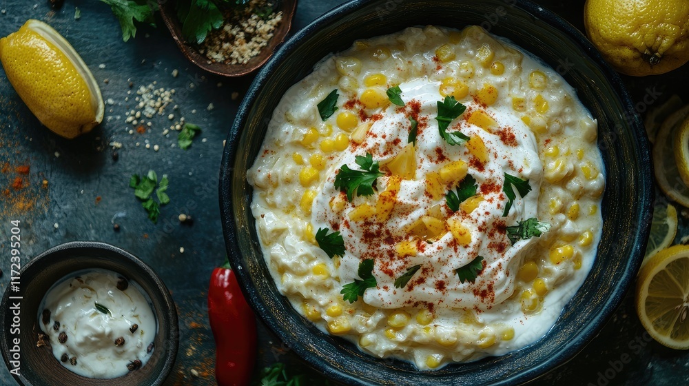 Aufkleber creamy boiled corn with cheese, chili, and lemon in a rustic bowl surrounded by fresh ingredients an