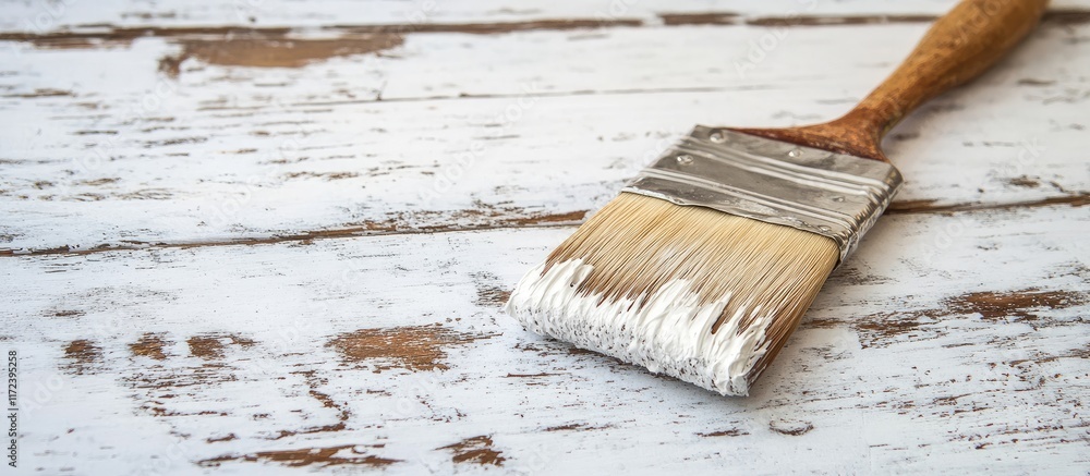 Poster paint brush and paint roller on a rustic white tabletop showcasing an ongoing home restoration proje