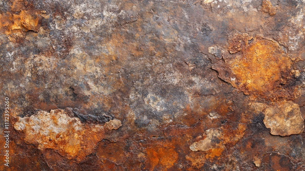 Poster Weathered oxide rock surface texture showcasing rich colors of rust and decay for use in backgrounds or design projects.