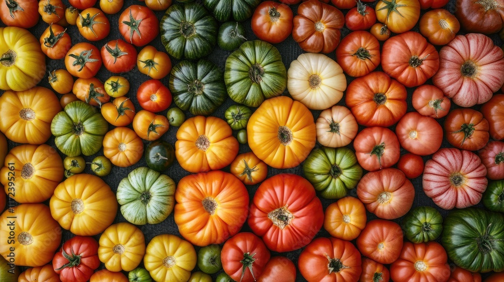 Poster Vibrant assortment of heirloom tomatoes arranged in a stunning overhead view showcasing diverse colors and shapes on a textured surface.