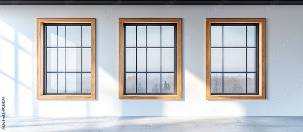 Poster modern minimal window designs with wooden and aluminum frames in a bright studio setting emphasizing