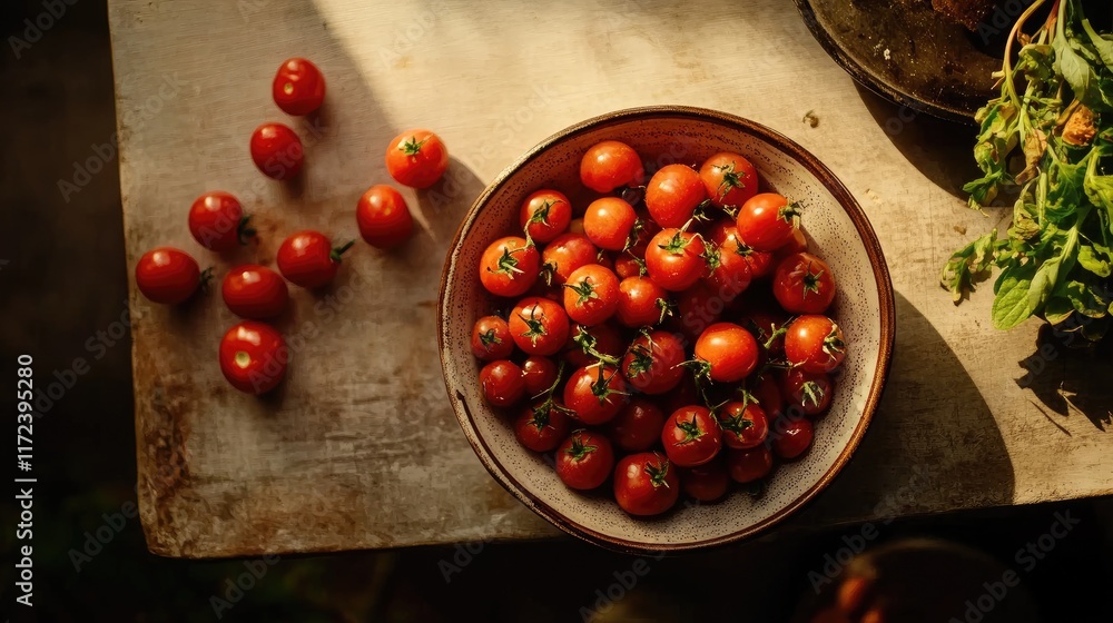 Aufkleber overhead view of ripe red tomatoes in a rustic bowl on a wooden table with fresh greenery accents